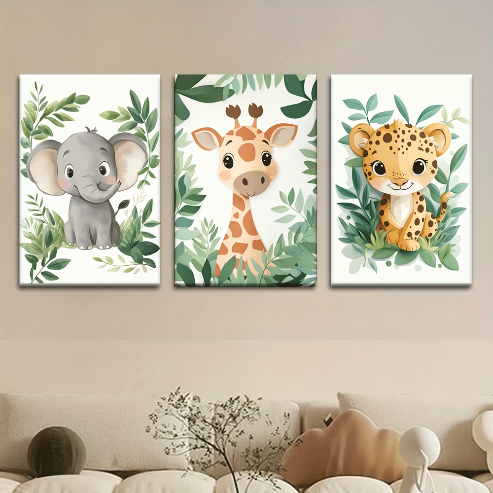 TEMU 3pcs/set, Canvas Painting--unframed, Elephant Lion Giraffe Jungle Animal, Artist Drawing Set, Living Room, Library, Office, Cafe, Bar, Abstract