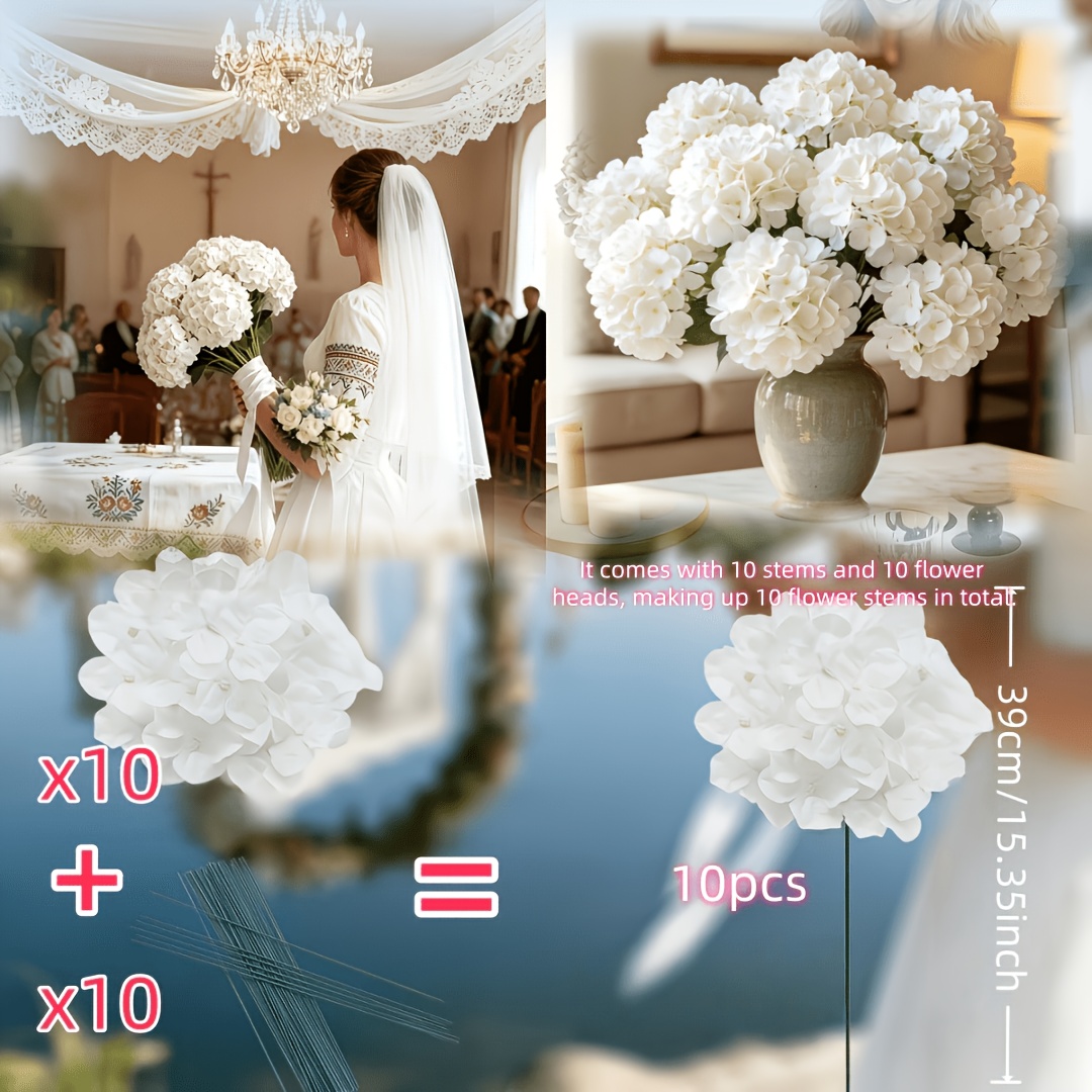 TEMU 20pcs Set: 10 Flower Heads   10 Stems, Premium New Style Artificial White Hydrangea Bouquet, Maintenance-free Floral Arrangement, Suitable For