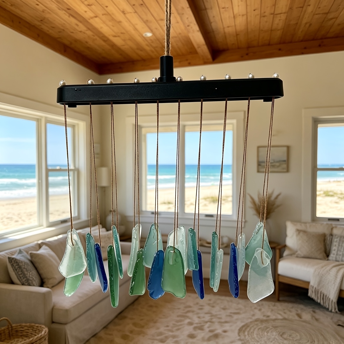 TEMU Premium Handmade Sea Glass Wind Chime - White Pearl Accents, Black Plastic (no Wood), 55x22cm Wide Design. Soft Soothing Sound, Elegant Decor.