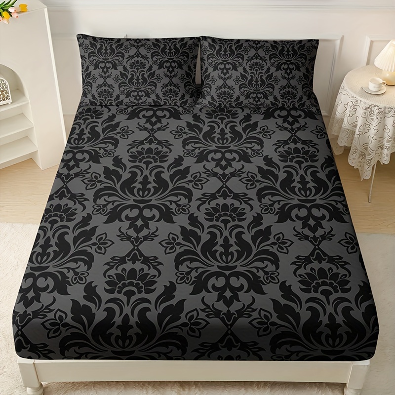 3pcs Fitted Sheet Set (1 Fitted Sheet + 2 Pillowcases, Pillow Core Not Included), Home Dormitory Hd Printed Black Textured Pattern