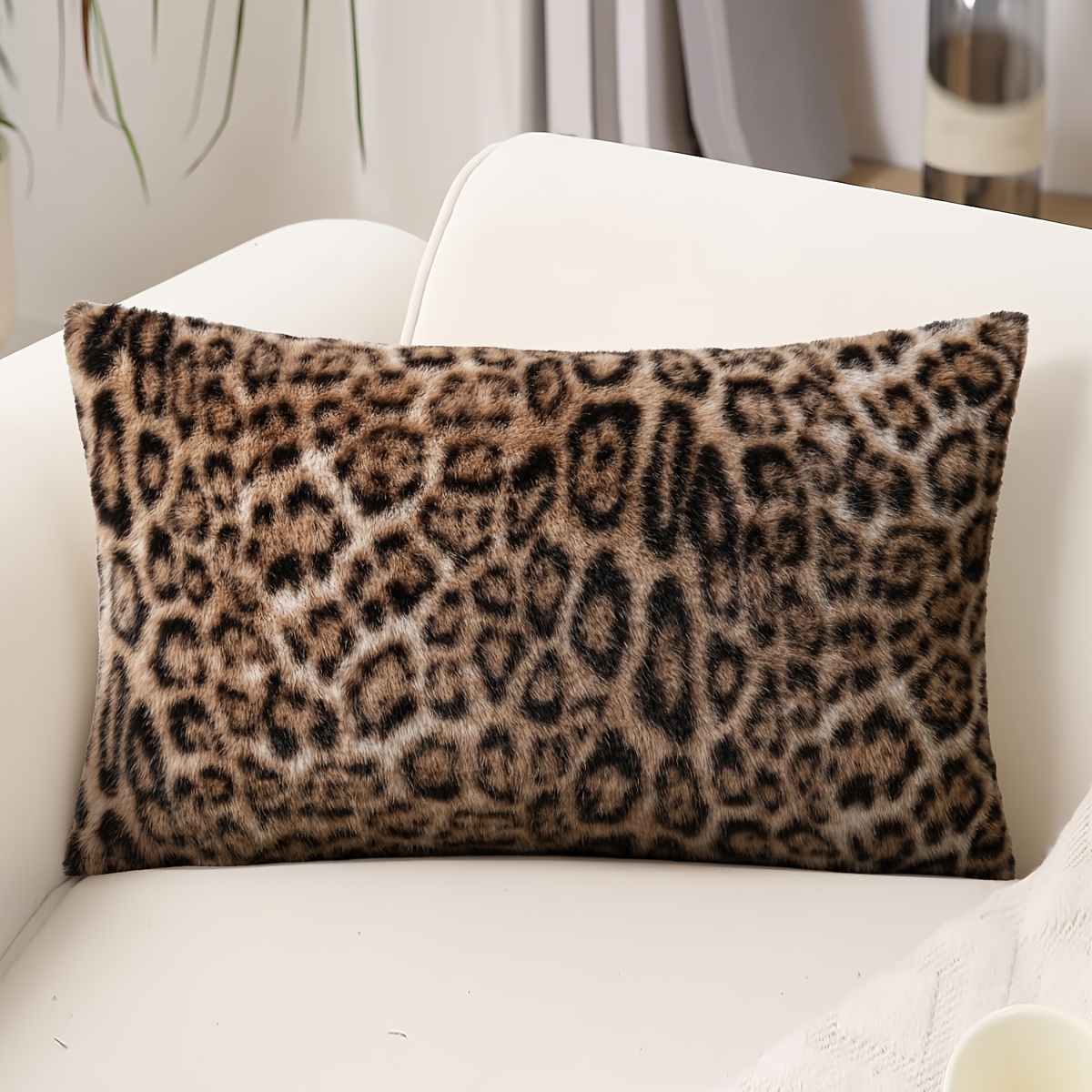 TEMU 1 Housse de coussin de canapé à motif léopard simple , housse de coussin carrée moelleuse et pelucheuse pour la décoration intérieure du canapé,