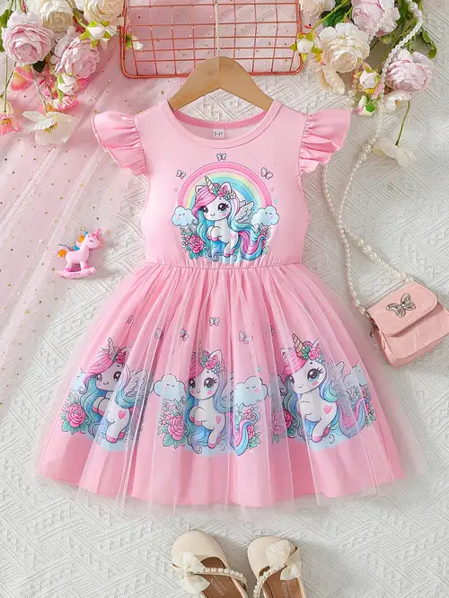 unicorn mesh dress girls fashion mesh dress unicorn english print pattern super