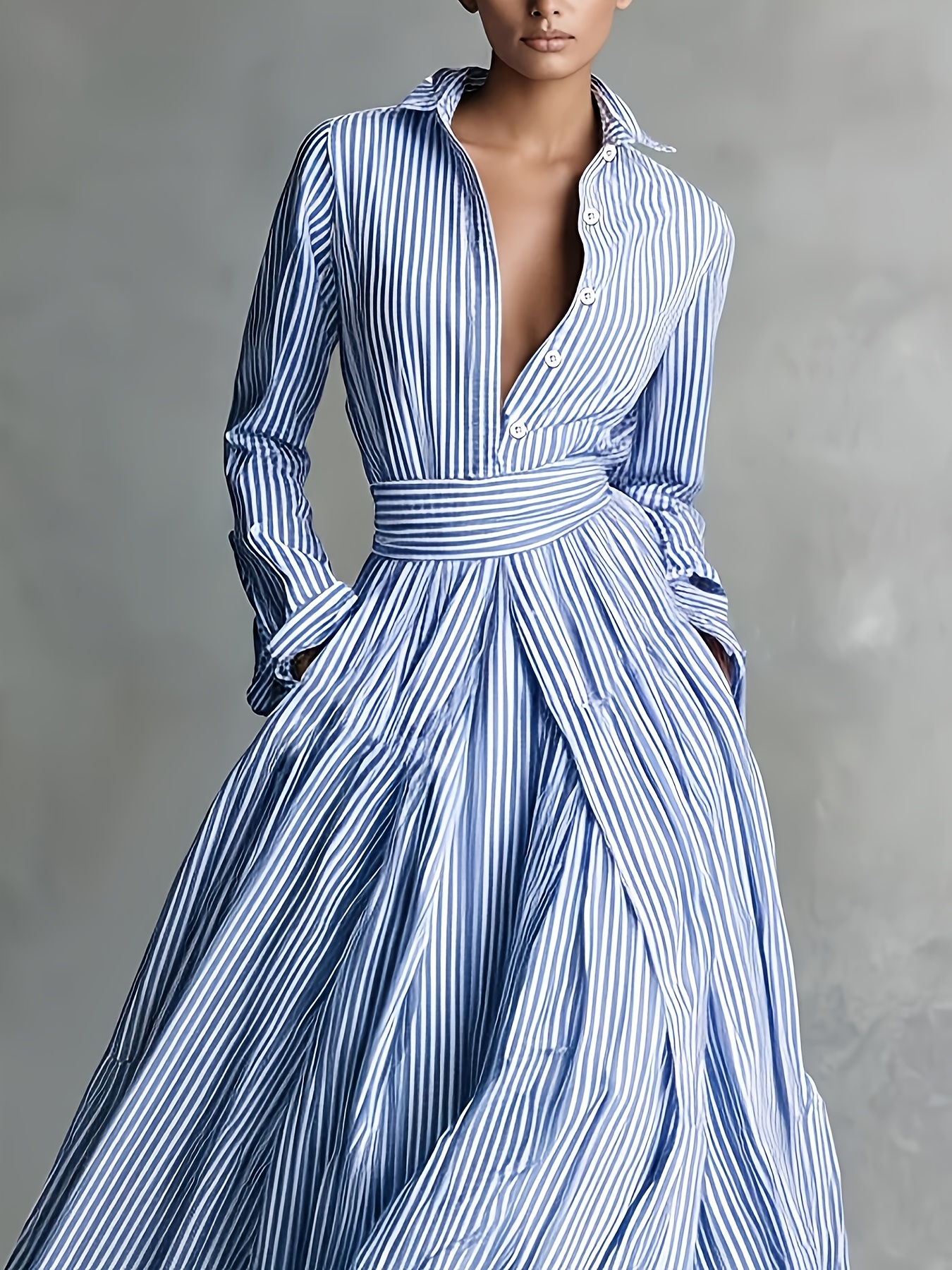A Women'S Shirt Dress with a Blue And White Striped Collar, Cinched Waist, And A-Line Silhouette, Perfect for Various Occasions Such As Casual Outings, Work, Parties, And Dates, Offering a Relaxed Yet Elegant Style