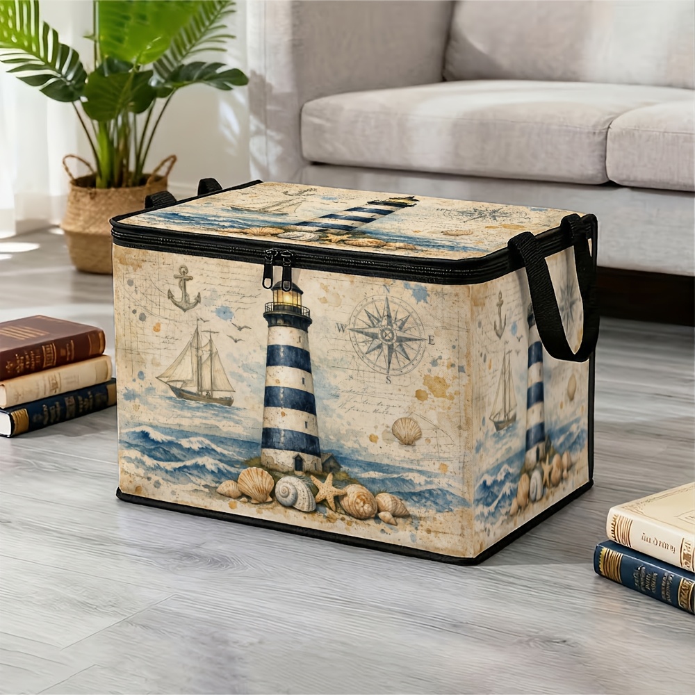 item picture 1pc coastal lighthouse ocean   basket with zippered lid and sturdy handles blue beige sketch calm storage hamper for room bathroom bedroom organization cloth basket for clothes 2d   baskets