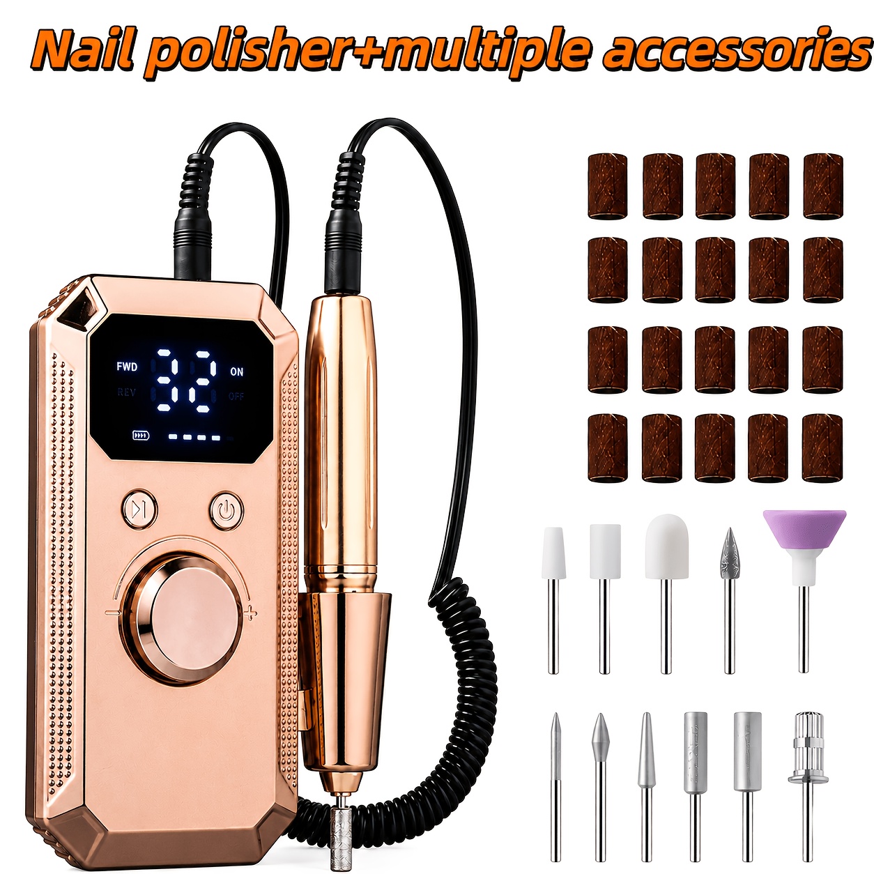 TEMU Rechargeable Usb Electric Nail Drill Kit - 32-speed Adjustable Settings, Portable With 20 Sanding Bands And 11 Grinding Heads, Professional