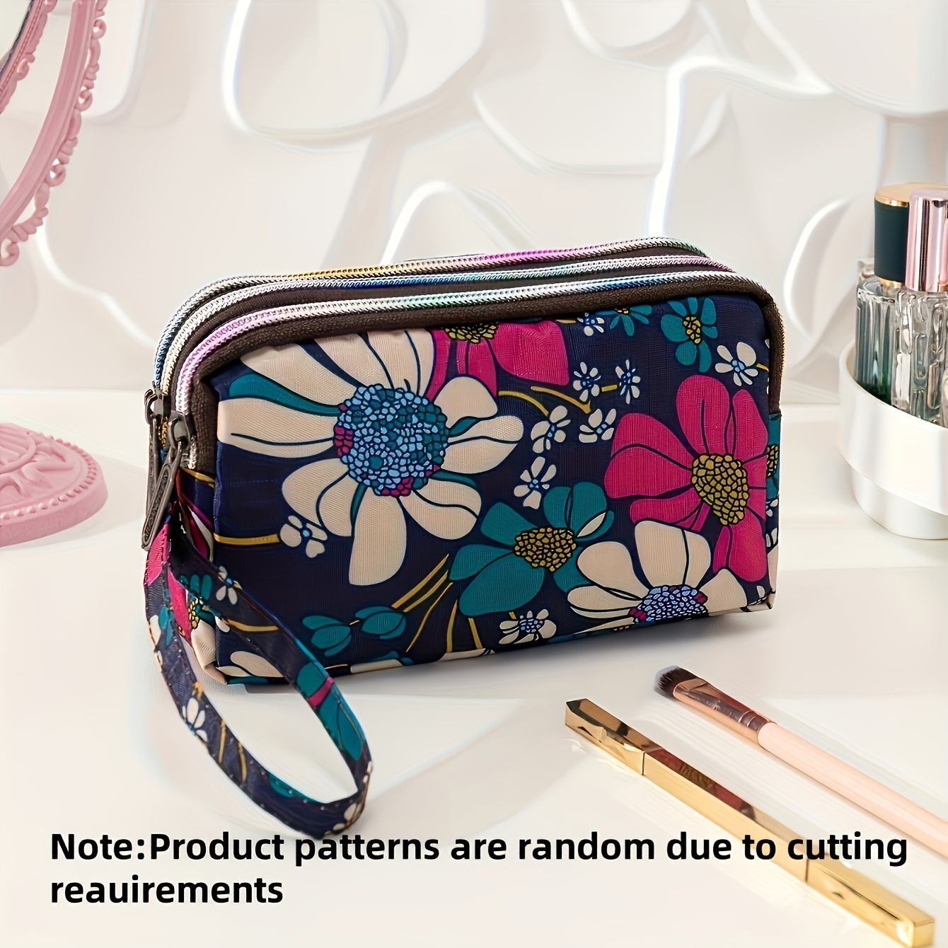 

Floral Print Cosmetic Bag With Wristlet - Durable Polyester Women's Large Capacity Makeup Pouch, Travel Organizer Zippered Clutch Purse, Portable Toiletry Storage Bag, -free