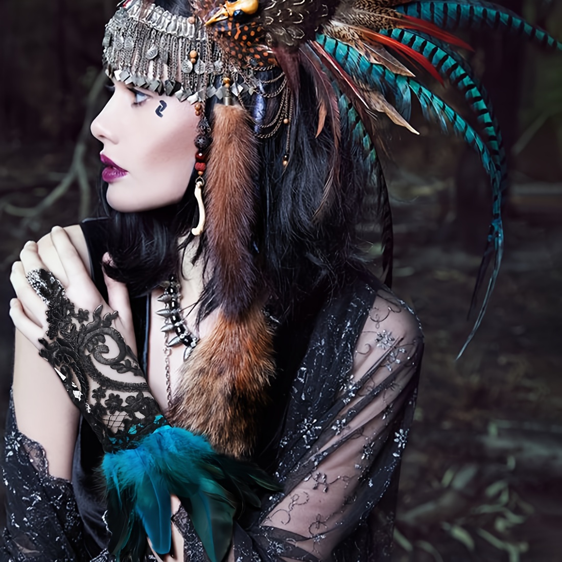 Gothic Rhinestone Feather Gloves Lace Cuff Wristband Cosplay Wedding Halloween