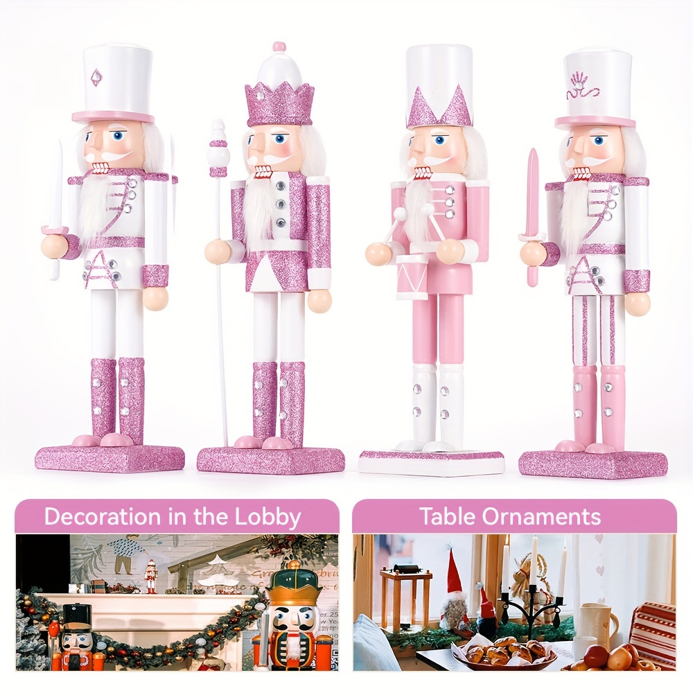 

12-inch Pink Glitter Nutcracker Soldier Figurine - Handcrafted Wooden Christmas Decor, Tabletop Ornament