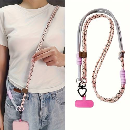 vielseitige crossbody-handyhalterung - schicker geflochtener stil mit pinken und weißen akzenten, robustes nylonmaterial, für outdoor-aktivitäten, sichere anti-verlust-handyhülle, kompatibel mit verschiedenen geräten
