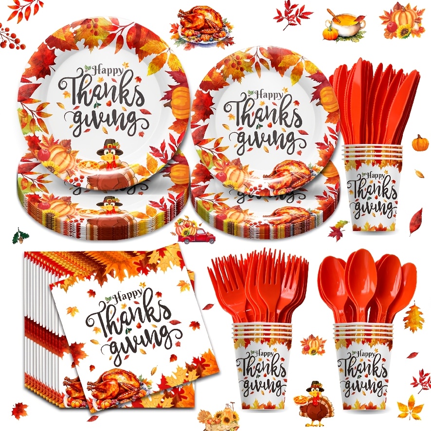 TEMU 168pcs Thanksgiving Party Decorations - Autumn Turkey Party Supplies Plates, Napkins, Cups, Cutlery, Maple Leaf Fall Decor | Serves 24