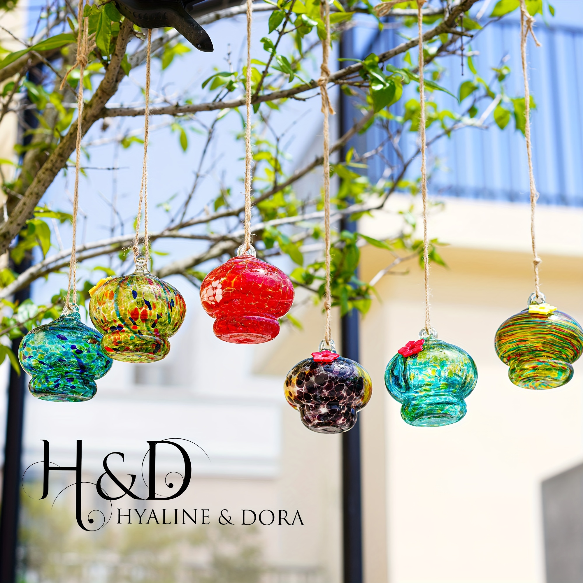 

H&d & 6pcs Hand Blown Glass Hummingbird Feeders Art Glass Hummingbird Feeders Outdoors Garden Hangings Ornaments Window Backyard Decor