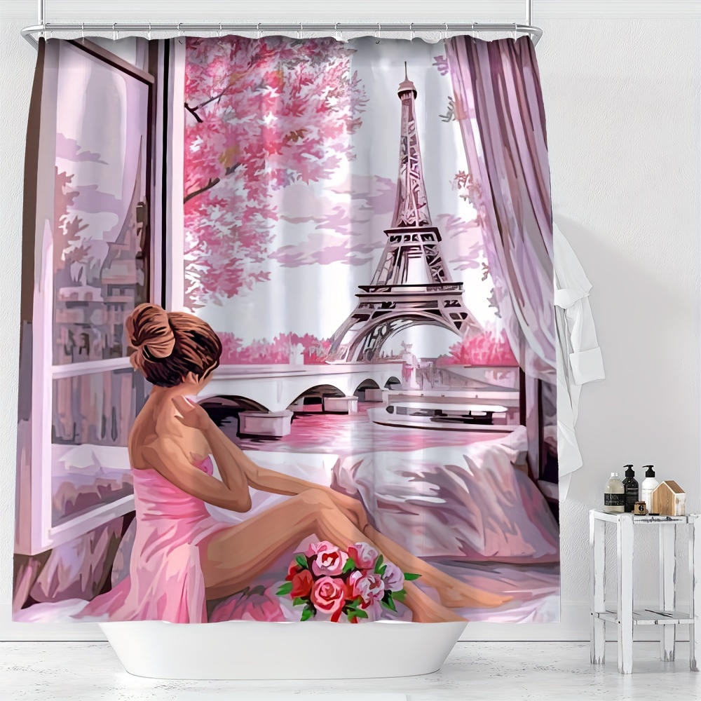 

Ywjhui Romantic Paris Eiffel Tower Shower Curtain, Cartoon Design Polyester Bathroom Decor, Water-resistant Knit Weave, Machine Washable With Hooks, All-season, Romance Theme Shower Curtain For Home
