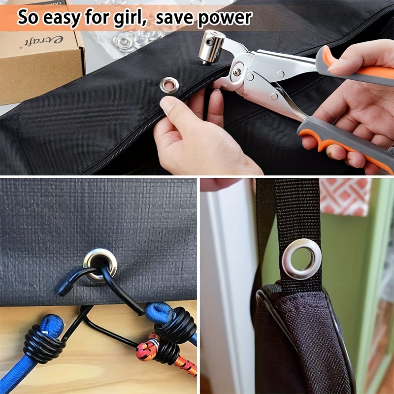 500pcs heavy duty grommet tool kit with handheld press hole punch carbon steel construction 3 8 10mm eyelets for leather canvas fabric vinyl tarps banners tents heavy duty press with ergonomic handle storage case ideal for diy construction camping marine automotive industrial use durable precise grommet setting system Product details 7