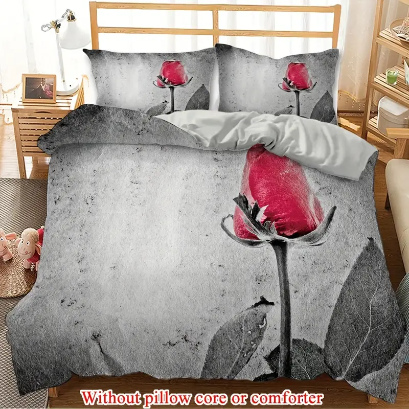 2 3pcs 1 duvet cover 1 2 pillowcase without core retro grey background red rose flowers valentines day couple print soft comfortable bedding set for bedroom dorm room family gift Product details 3
