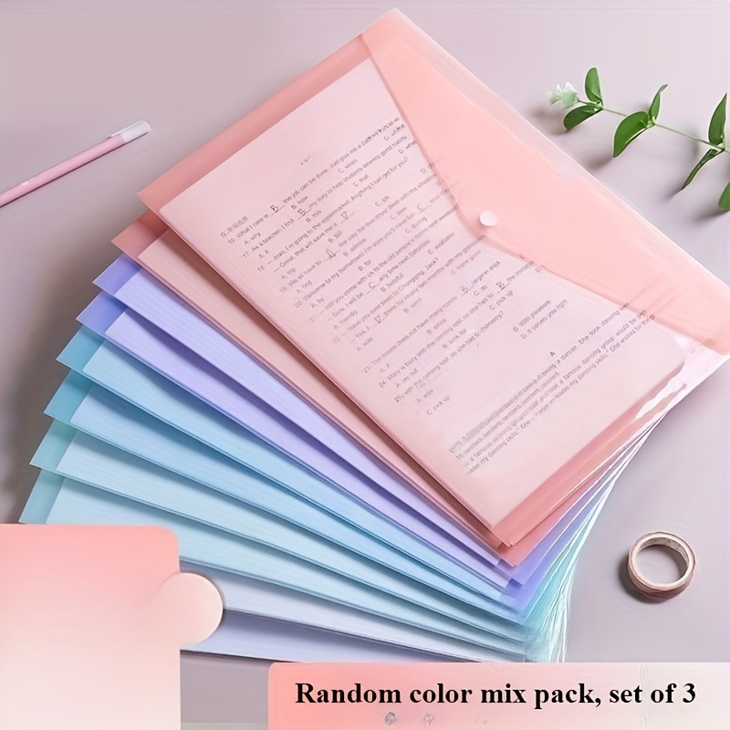 3pcs A4 Transparent Polycarbonate File Folders With Snap Closure, Durable Document Organizer In Pink, Blue, Green, Purple - Ideal For Students & Office Use, School Stationery Holder, File Organizer