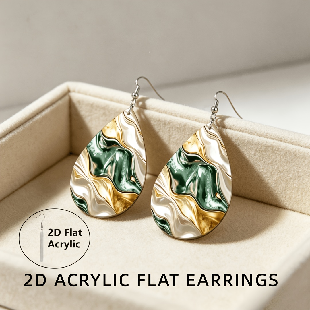 Women's 2D Flat Gilded Ink Green Water Drop Earrings