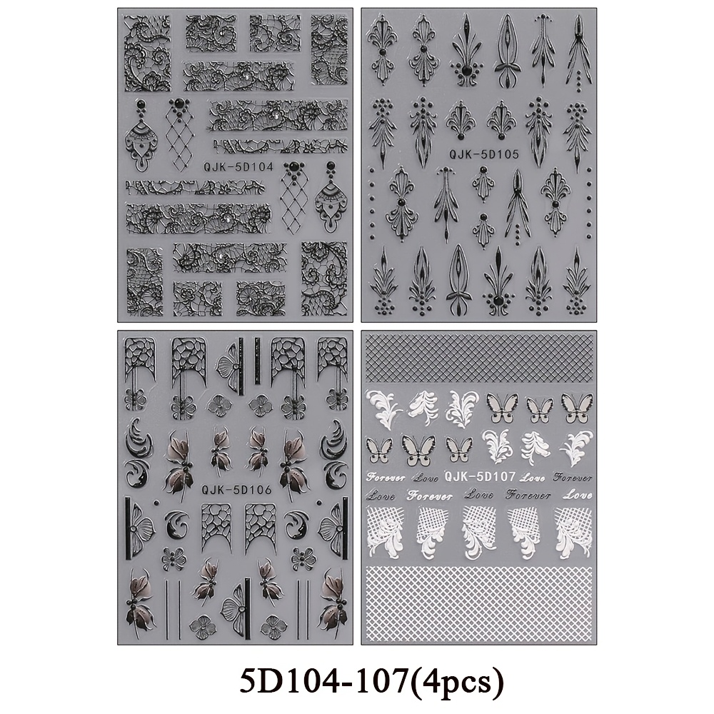Image of 4pcs Nail Art Sticker Set, 5d Embossed Bohemian Striped Self-adhesive Nail Decals For Women And S, Nail Decoration Accessories