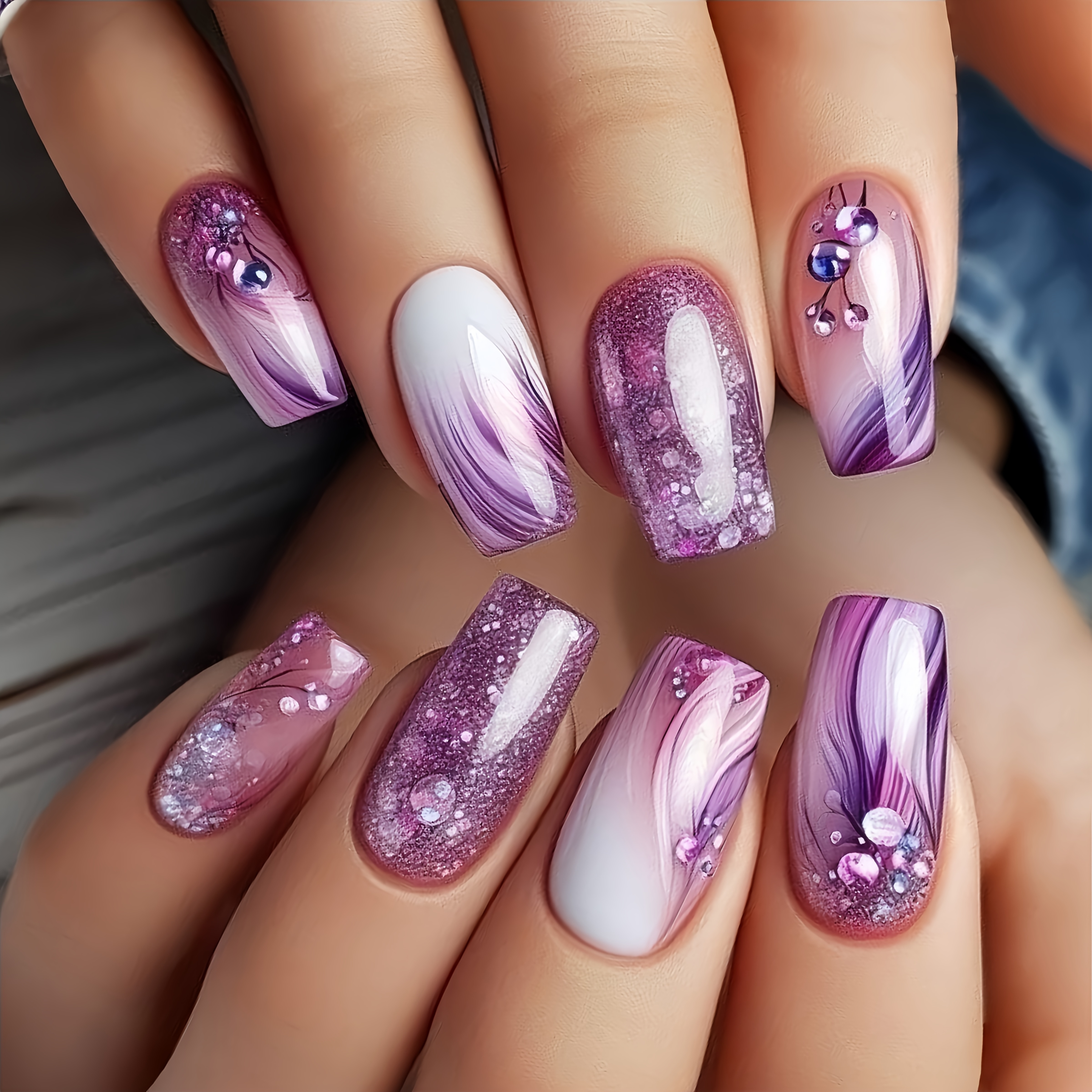E-shop Mittellange europäische Quadratnägel mit 3D-Prägemustern, lila Ombre-Press-On-Nägel, 24-teiliges abnehmbares Nagelset, einfache stilvolle