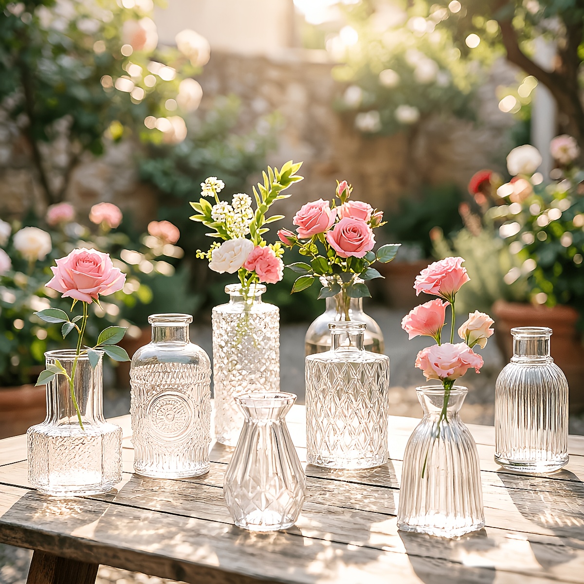 TEMU 24pcs Set Of Small Clear Glass Vases, 12 Styles, 2pcs Per Style. Mini Vintage Glass Vases, Suitable For Aromatherapy, Dining Table Decoration,