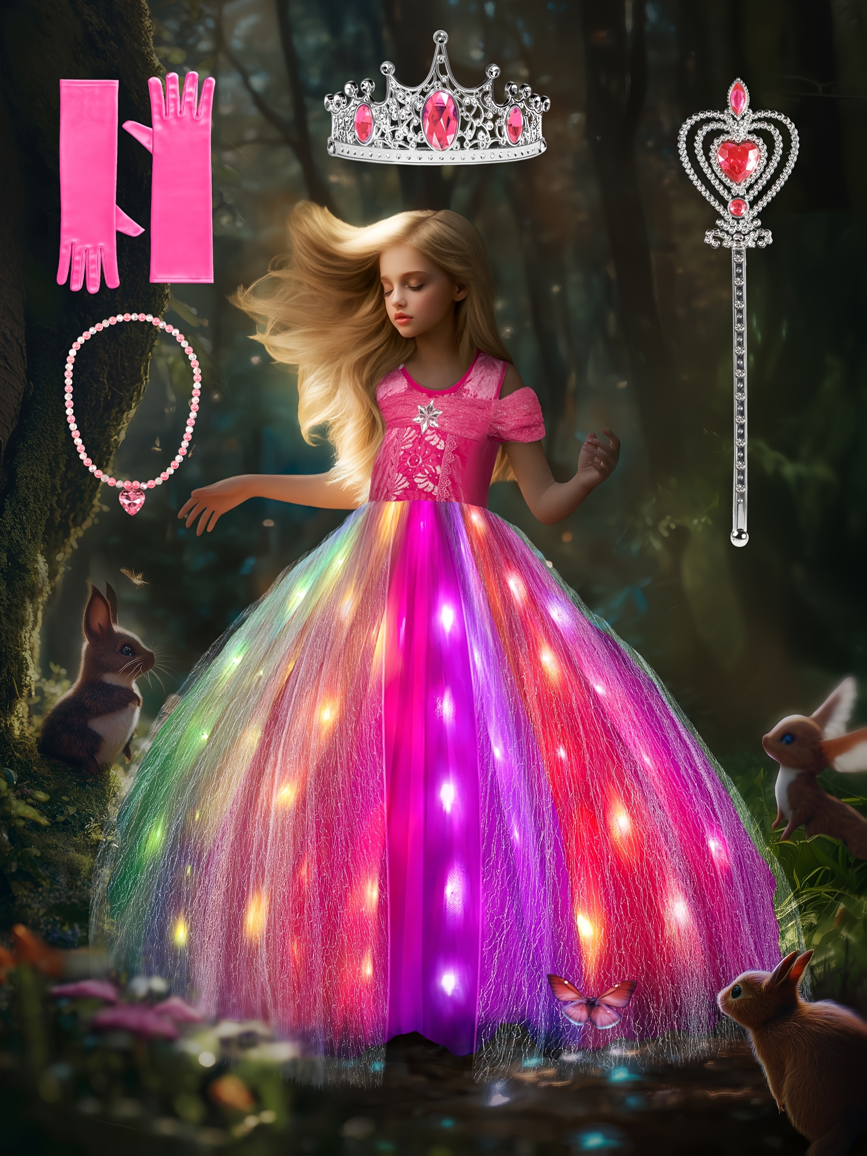 Girls Carnival Party Costume + Multiple Accessories Smart Bluetooth-Controlled LED Dress Birthday Party Christmas Halloween Prom Dress (Batteries Not Included)