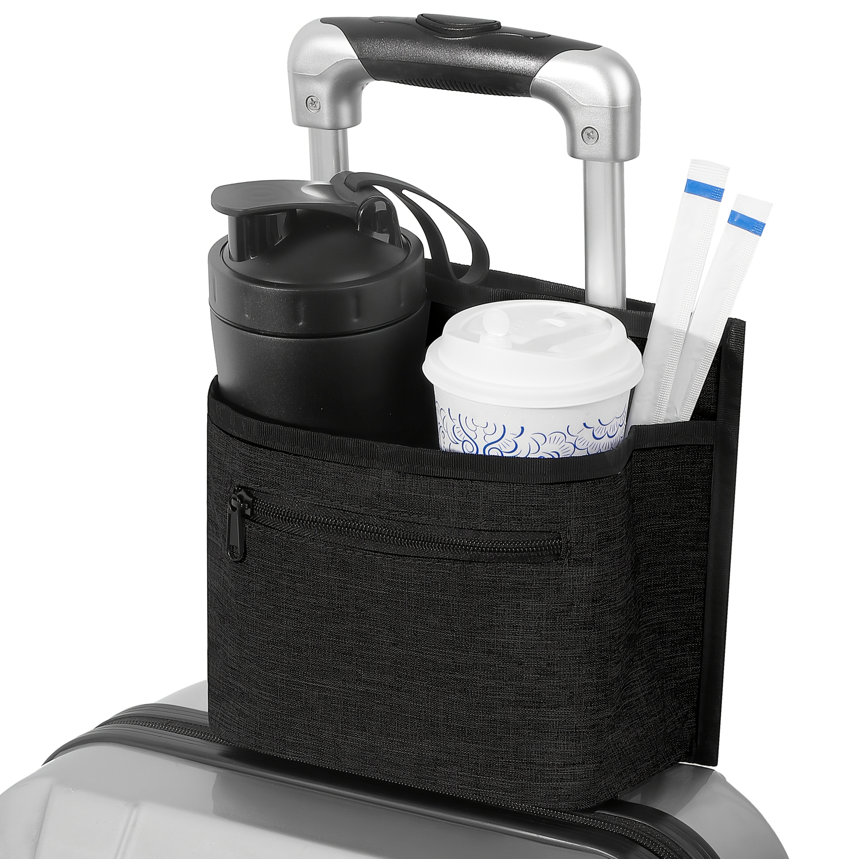 Image of Nakustab Polyester Travel Cup Holder Attachment, , Fits Roll Suitcase Handles, Essential Accessories For Plane, No Wash Care, Drink Carrier Caddy For Beverages, Holds Coffee Mugs And Tumblers