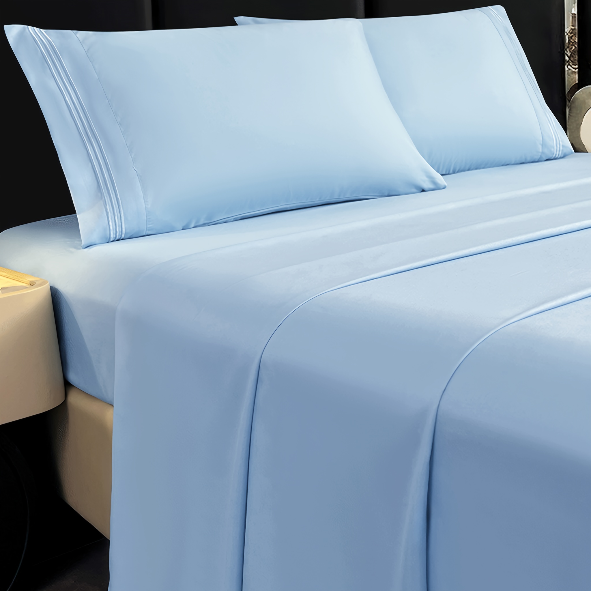 TEMU Un lot de 4 draps de lit de luxe ultra-, draps-housses et taies d'oreiller brodées avec des poches profondes de 12 pouces. Ce linge de lit de