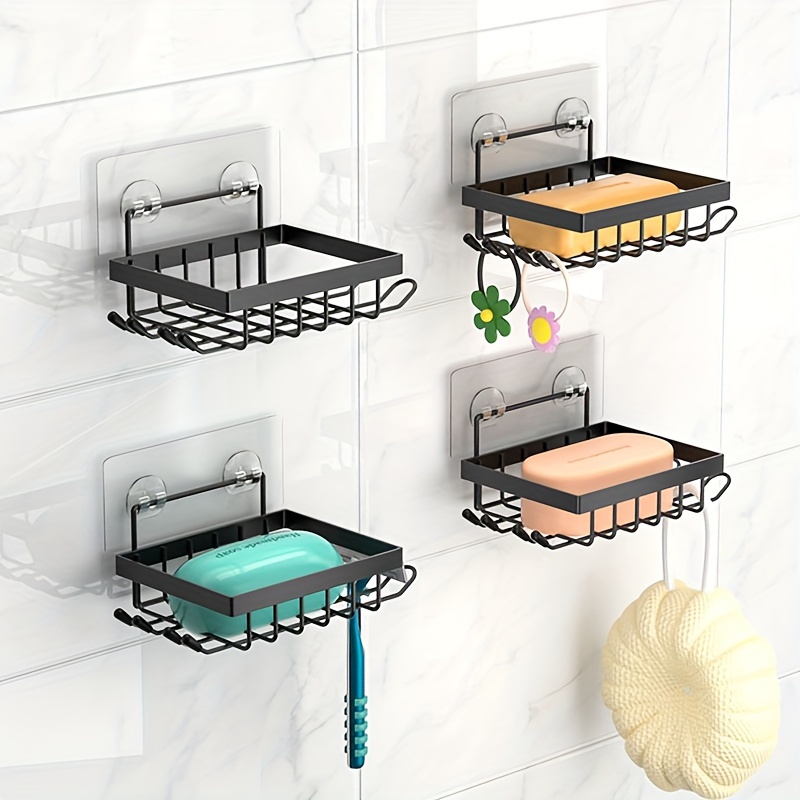 

1/2pcs Wall Mounted Soap Holder, Rust-proof Soap Rack, Drain Soap Tray With Hooks, Simple Soap Storage Rack For Home Bathroom, Bathroom Accessories