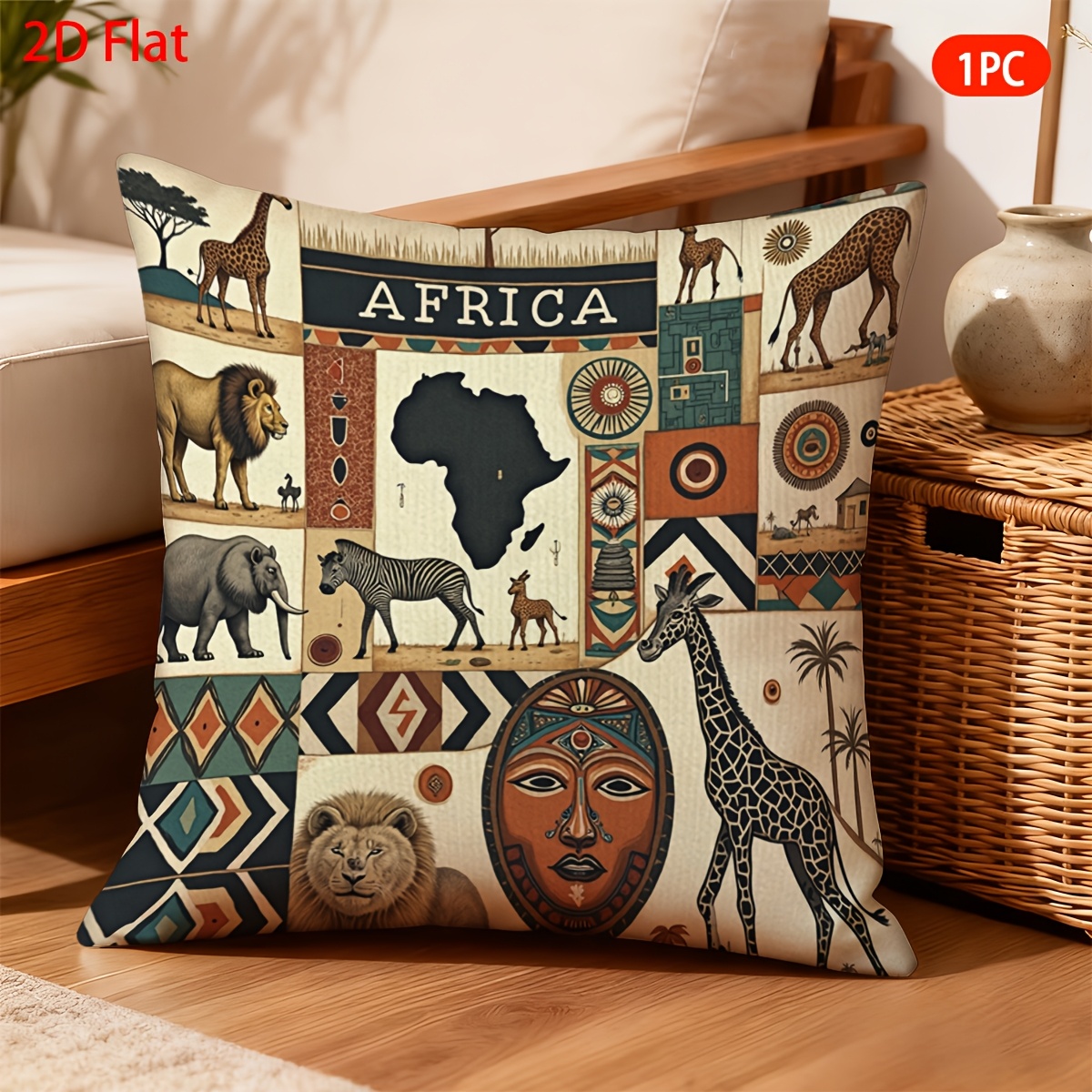 TEMU 2d Flat, 1pc, Throw Pillow Covers, African Theme Collage With Animal Maps And Patterns, Short Plush Pillowcase, Suitable For Home, Room Types