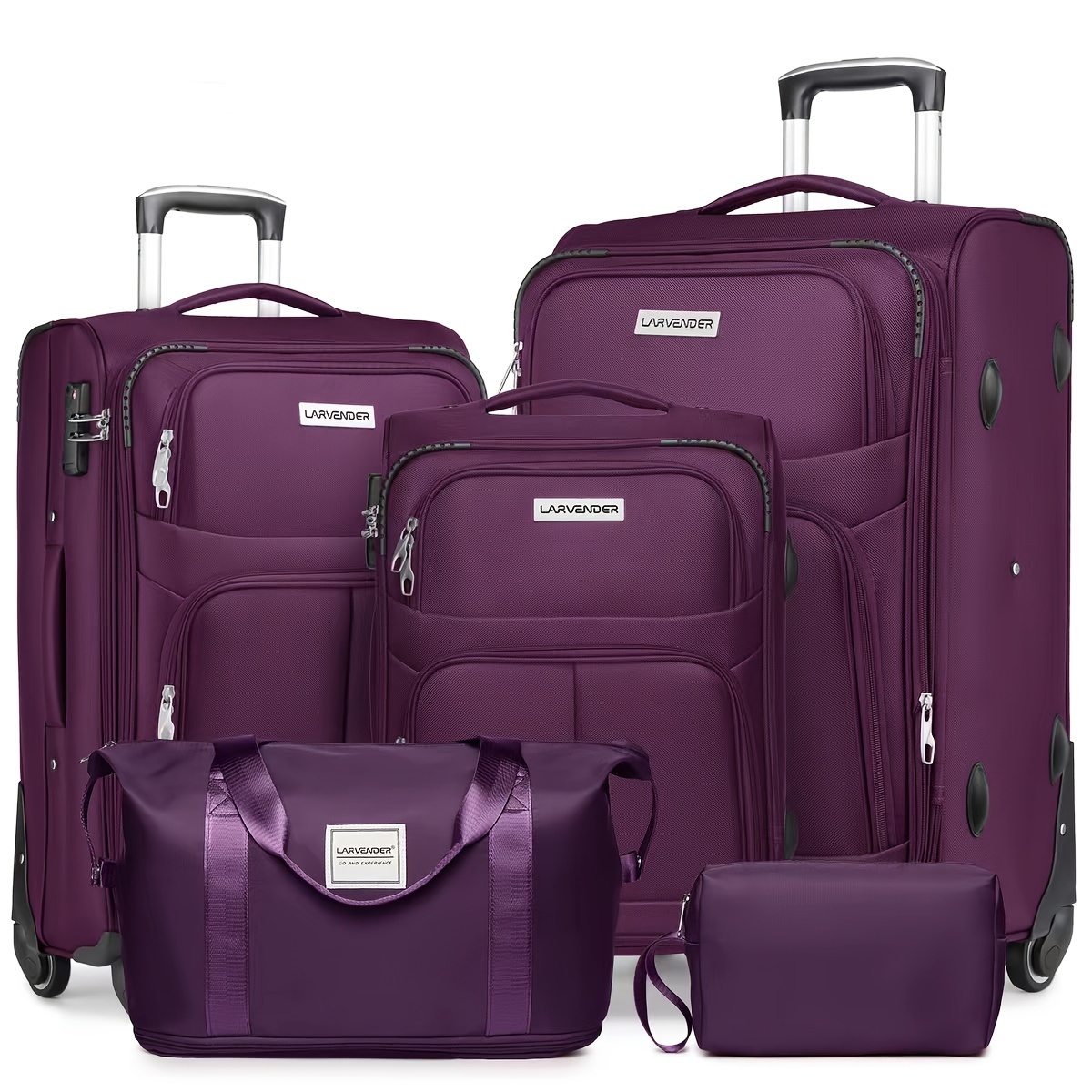 TEMU 5pcs Soft Luggage Collection Including A Duffel, -inch Carry-on, And 24 & 28-inch Expandable Rolling Suitcases, Featuring Rotating Wheels,