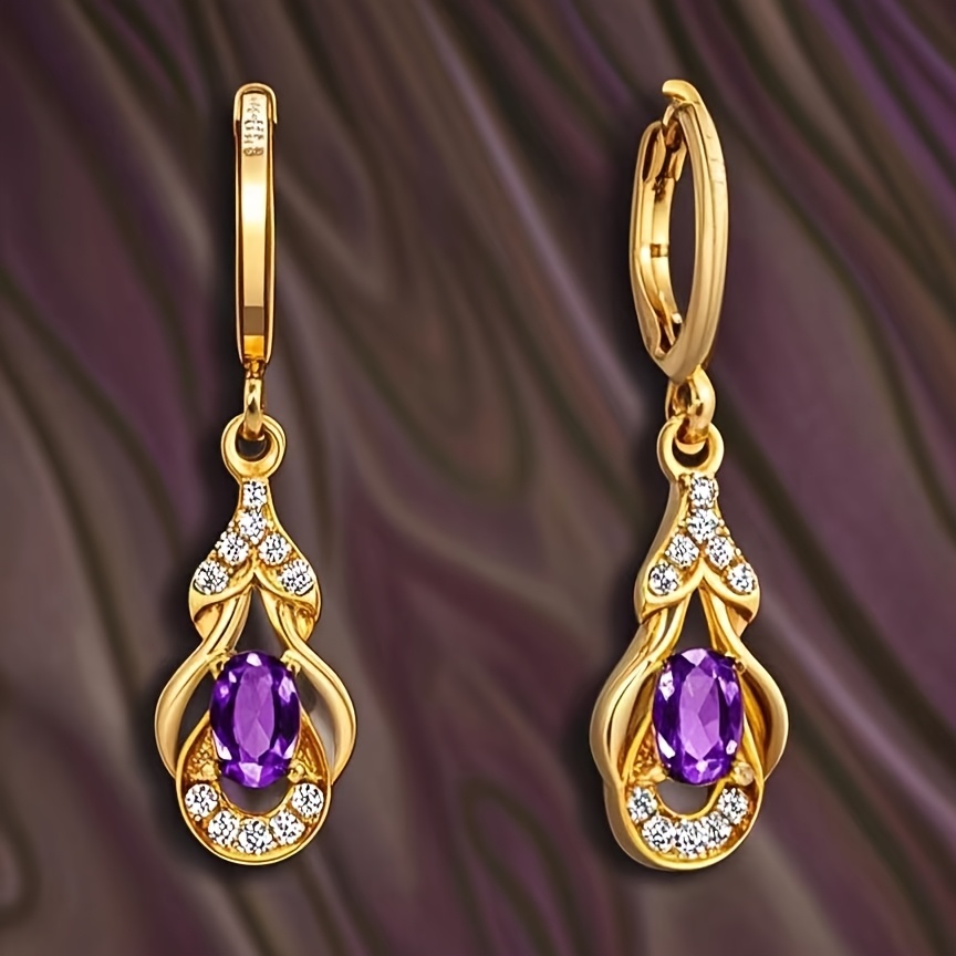 TEMU Pair Of Vintage Boho Chic French-inspired Earrings With Purple Gemstones, Gold-tone Alloy & Copper Posts, Elegant Dangle Design For Weddings And