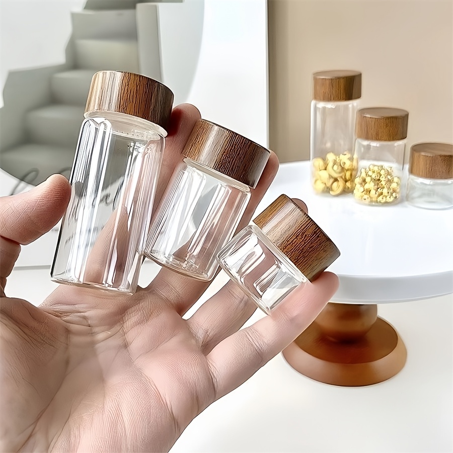 

3pcs Mini Glass Storage Jars With Wooden Lids - 10ml/20ml/30ml Portable & Reusable Sealed Containers For Dry Powders, Spices, And Small Items - For Easy Viewing, Jars For Storage