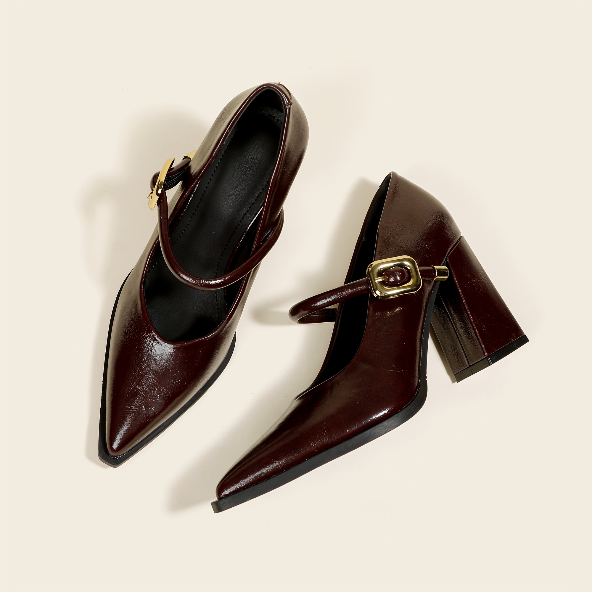 TEMU New Solid Color Pointed-toe High Heels For Women, Shallow Mouth Non-fatiguing Chunky Heel Flat Shoes, Fashionable Single Buckle Comfortable Mary