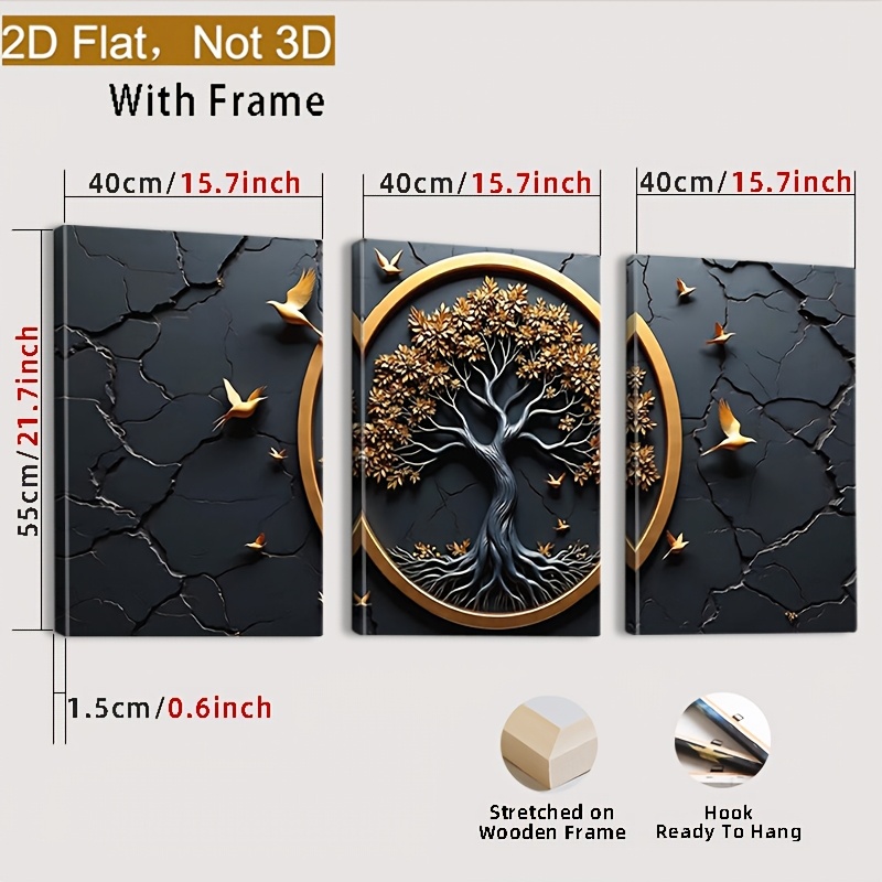 E-shop 2D Flach gerahmt, 3-teiliges Set Holzrahmen Leinwandkunst - Keltischer Baum des Lebens mit goldenen Vögeln und Tieren, kreatives Poster für