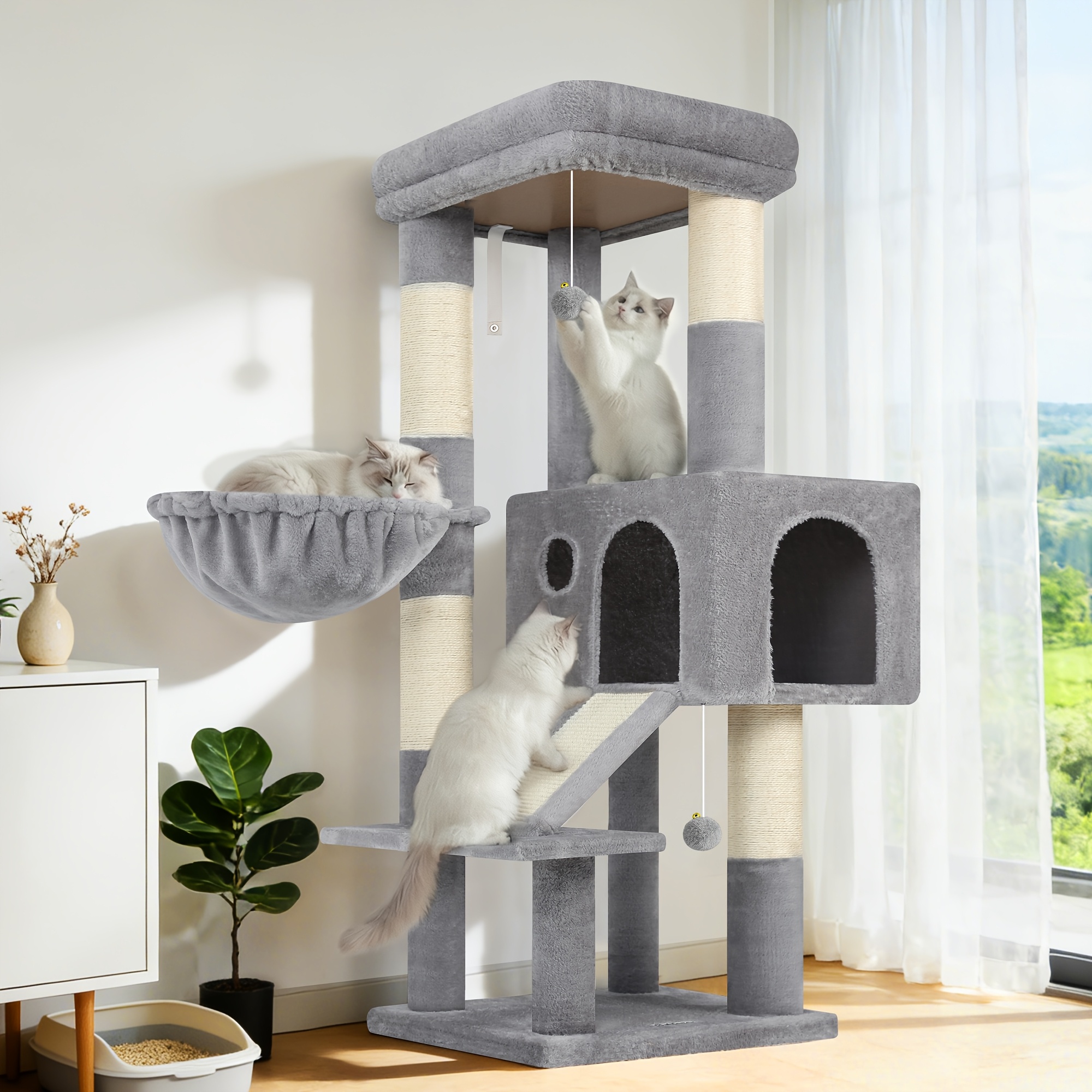   50 inch extra thick scratching posts tower sturdy   tree tower for indoor cats with sisal rope scratching board kitty condo basket light gray