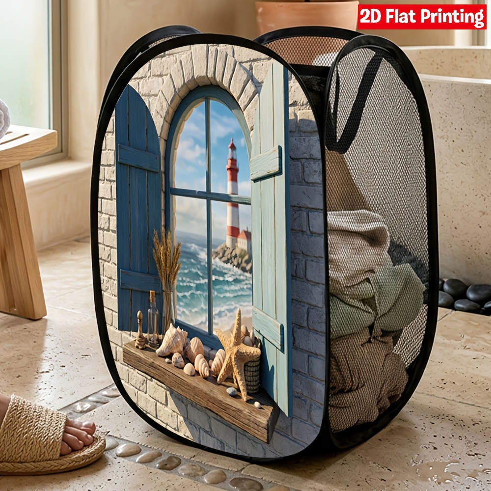 TEMU 1 panier à linge pop-up 2D plat avec fenêtre côtière bleue, de place, rangement pour de et du salon