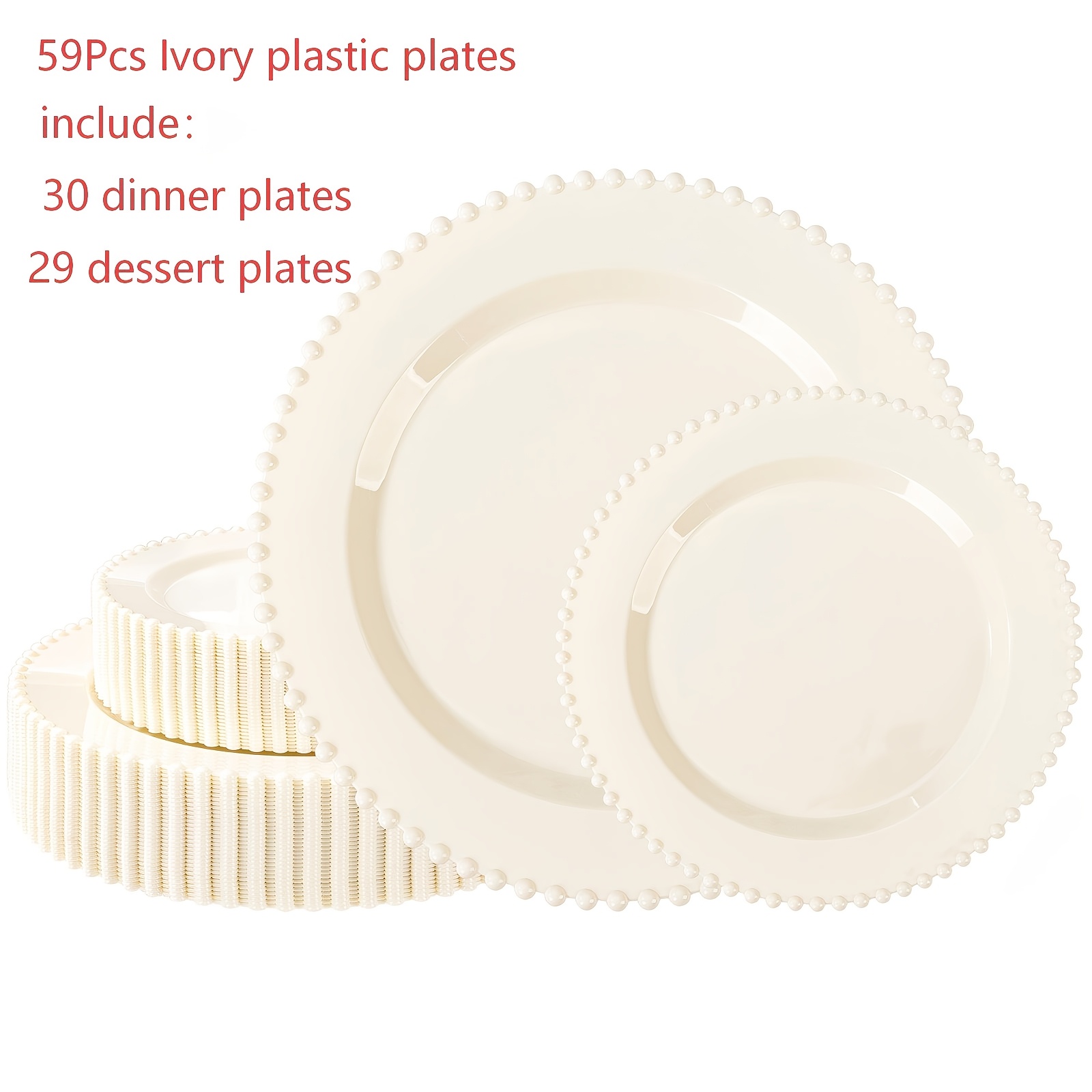 TEMU 59pcs Ivory Plastic Plates - Elegant Beaded Ivory Plates Disposable Heavy Duty - Perfect For Party, Baby Shower, Wedding, Birthday - 10 Inch
