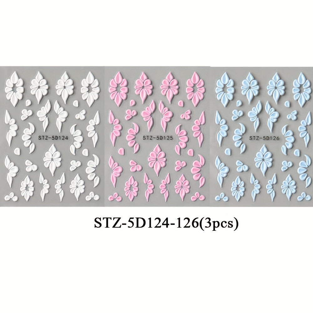 Image of 3pcs Small Flower Nail Art Sticker Set Embossed 5d White, Blue, Pink Self-adhesive Nail Stickers Jewelry Set, Nail Art Supplies For Women And Nail Art Stickers