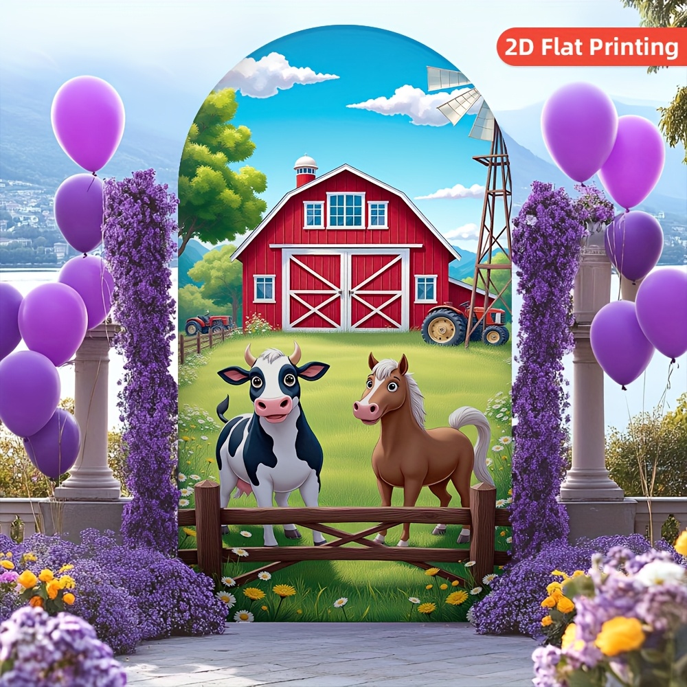 2d flat 1  barnyard wall hanging backdrop round top suitable for birthdays showers weddings adorable chicken decor party decoration with barn theme fabric stand not included 2d flat