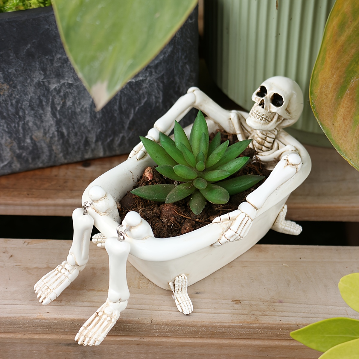 Garten-Badewannen-Schädel-Blumentopf-Statue-Dekoration, Schädel-Blumentopf mit Abflusslöchern, Frühlings-Spaß-Schädel-Blumentopf-Dekoration, Halloween-Deko-Blumentopf-Requisiten,