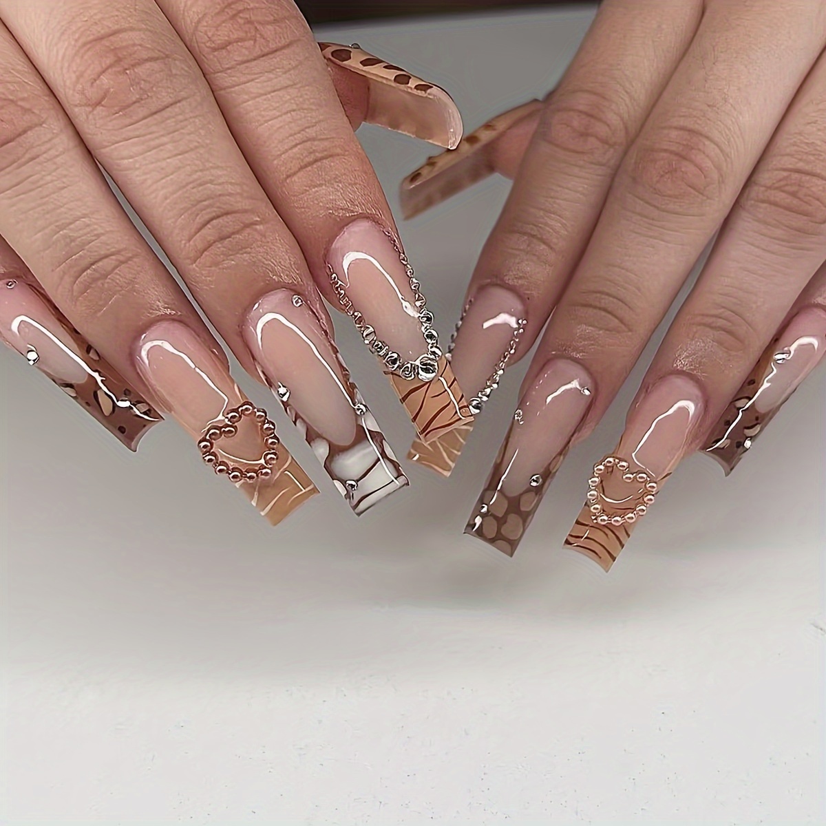 

24pcs Luxe Brown French Tip Press-on Nails With Rhinestones - Long Square, Glossy Finish For A Sophisticated Look