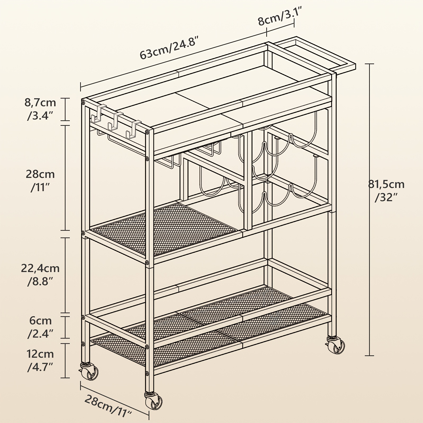 Image of Bar Cart With Wheels And Handle, Service Trolley With Wheels, Convenient Hospitality Beverage Service Cart, Wine Cart With Glass And Bottle Holder, Suitable For Kitchen, Bar, Dining Room, -tier Design