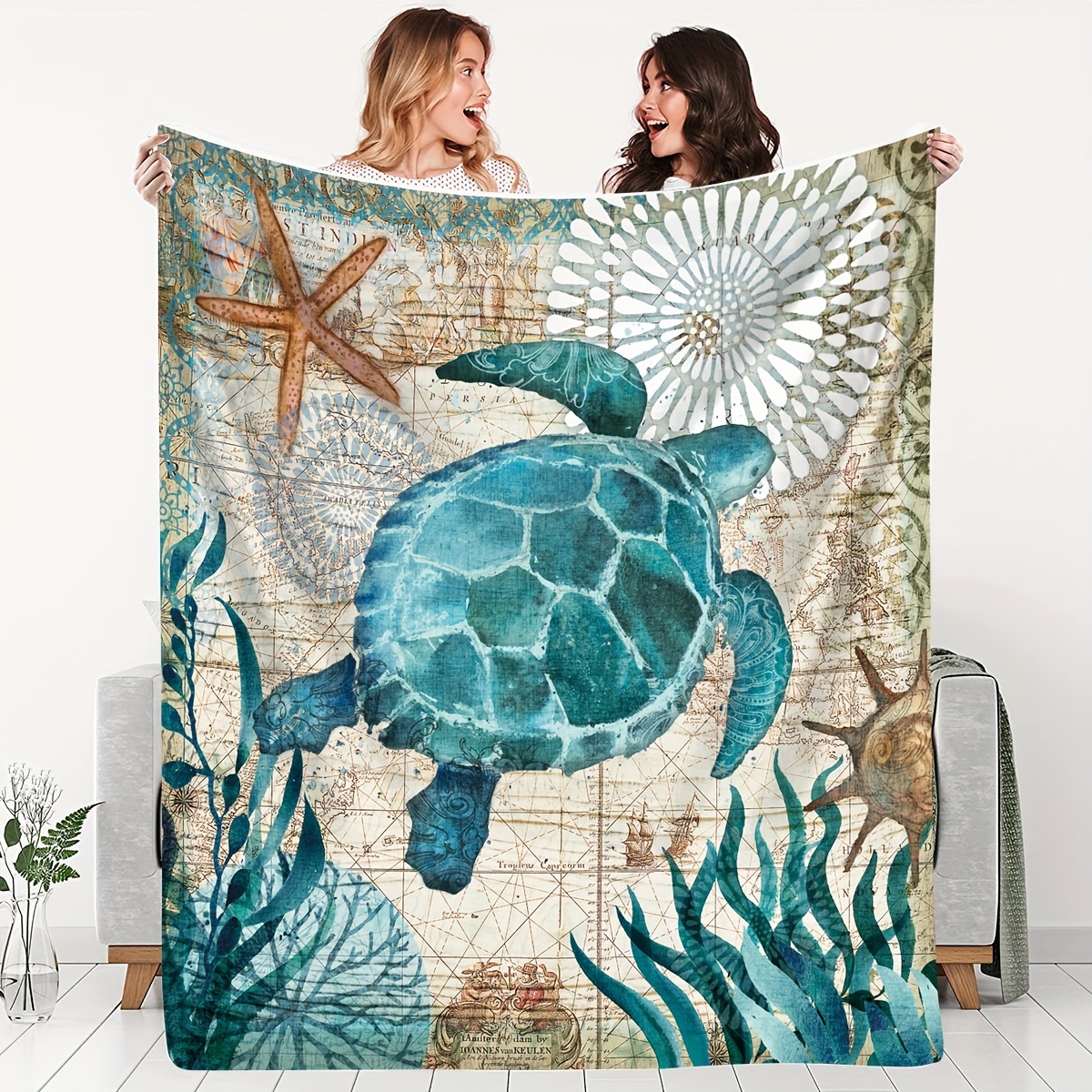 

1pc Gift Blanket For Friends Watercolor Turtle Pattern Soft Blanket Flannel Blanket For Couch Sofa Office Bed Camping Travel, Multi-purpose Gift Blanket For All Season