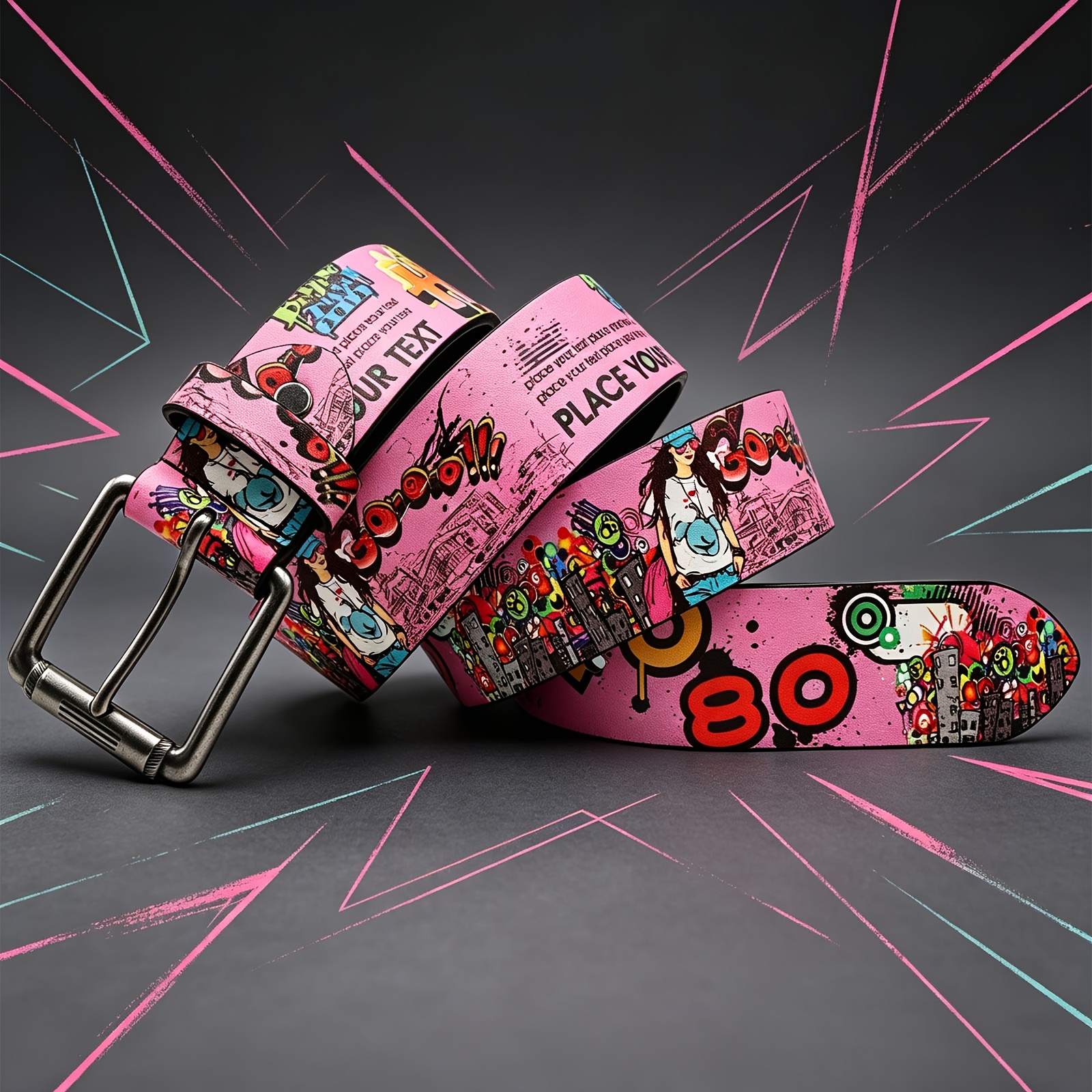 TEMU Men's High-end Gothic Style Hip-hop Y2k Art Graffiti Belt For Jeans With Wild High-grade