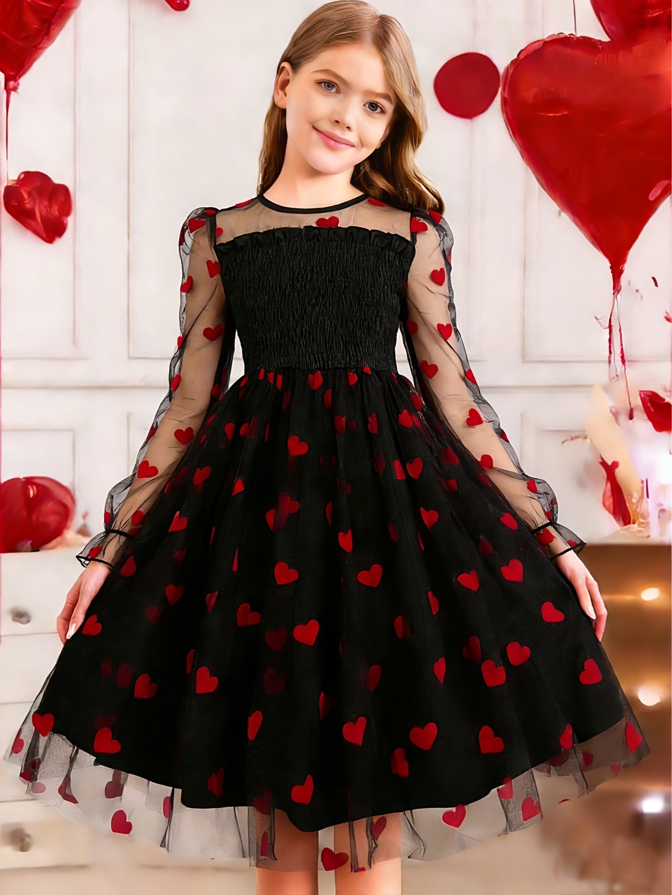 spring autumn big child heart net yarn smocked dress valentines day dress