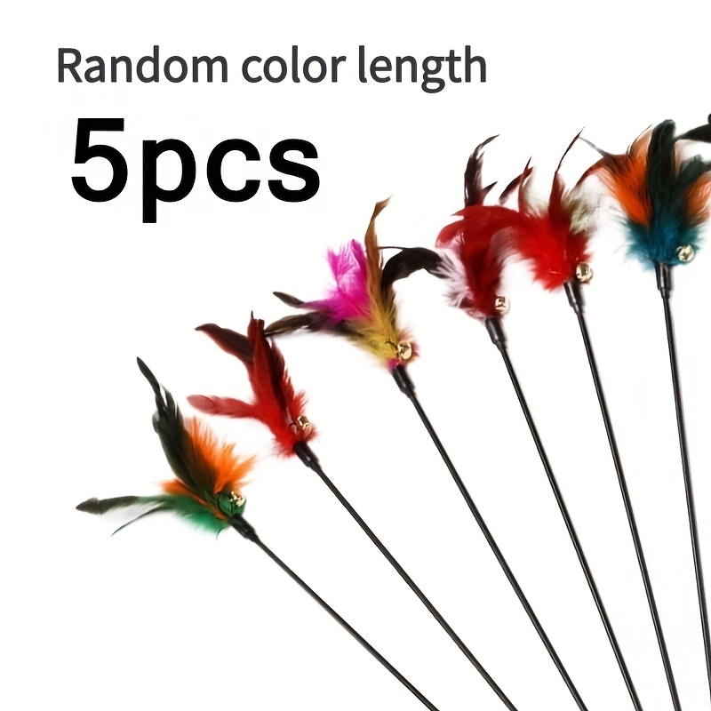 Image of 5pcs/10pcs Random Style Interactive Cat Feather Wand Toys With Bells – Durable Feathers, Colorful Plastic & Nylon Design, Fun Teaser Stick Set For Indoor Cats Of All Breeds & Sizes