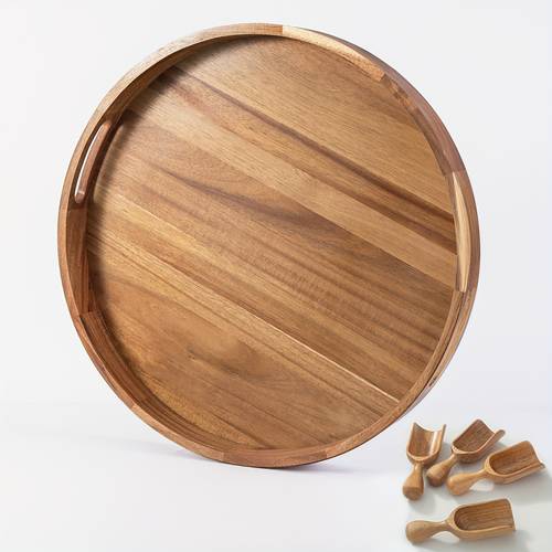 one 56cm oversized acacia wood tray and a set of four coffee spoons mixed packaging tray with handle large wooden tray versatile use recommended for family birthday parties outdoor activities and similar occasions