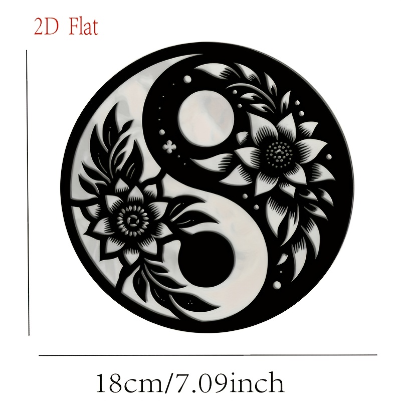 TEMU Décoration Murale 2D Plate Yin-Yang en Acrylique - Acrylique Rond de 18 cm de Diamètre, Motif Floral Noir avec , Toile de Style Décoratif de