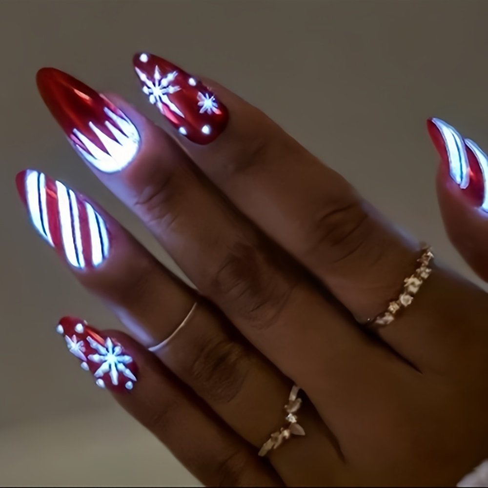 TEMU Christmas 30pcs Luminous Red Almond Press On Nails, Glow In Cane Snowflake Fake Nails, Xmas Glow Stripes Reusable False Nail Tips For Holiday