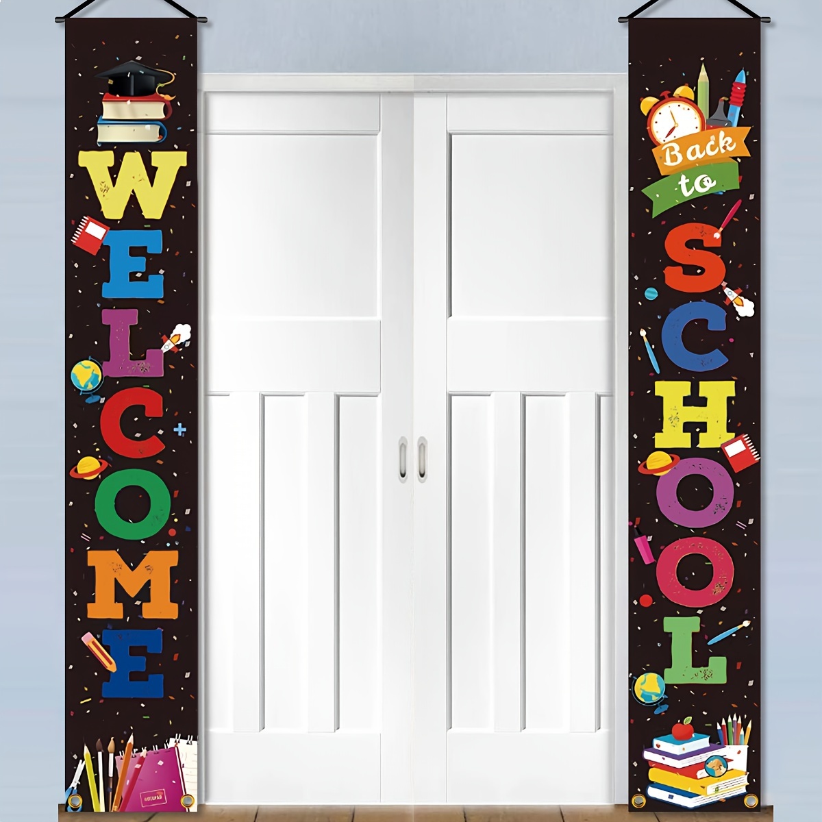 

2pcs, Back To School Banner Welcome Banner For First Day Of School Hanging Fabric Banners Flags Sign Backdrop Décor Supplies For School Classroom Decorations