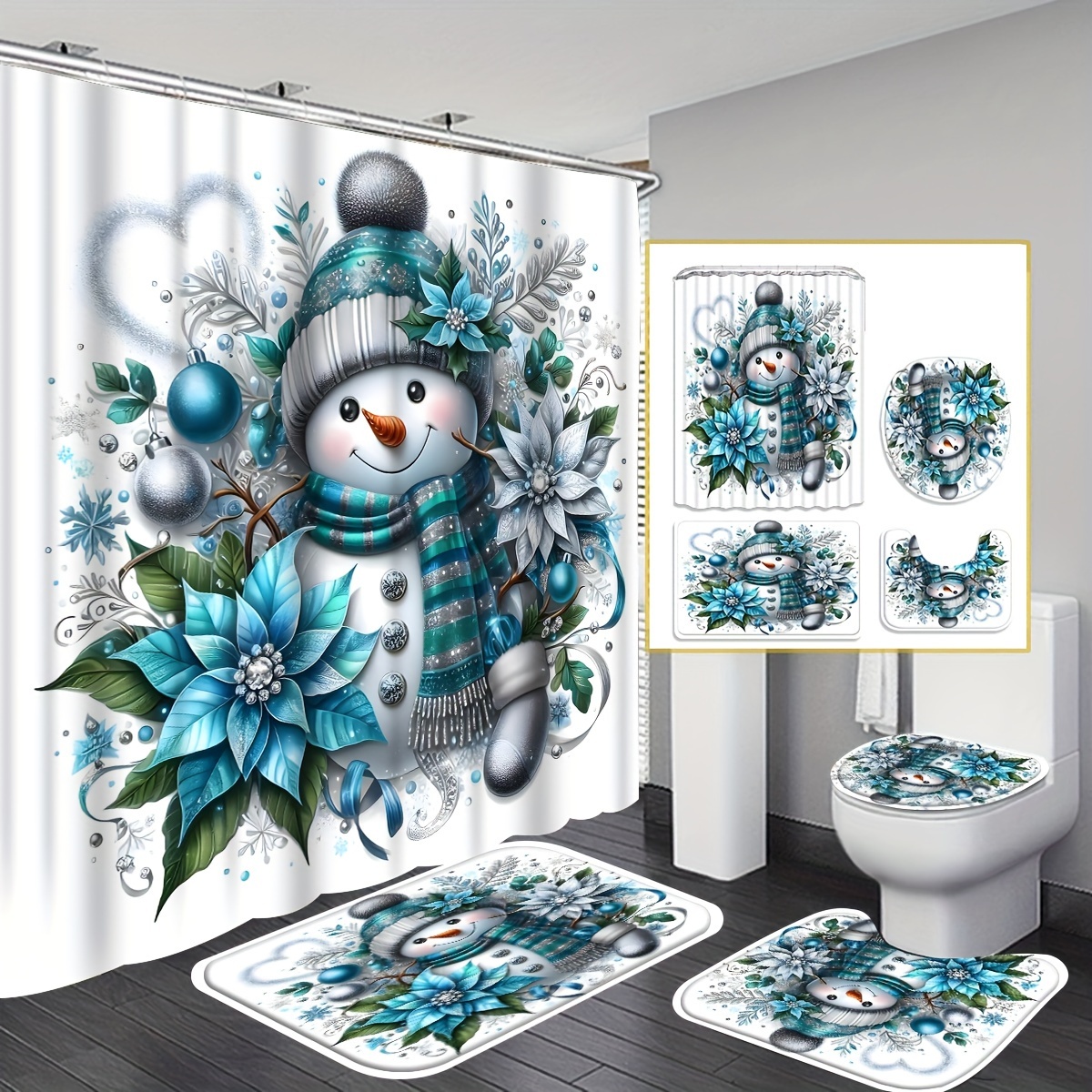 

4-piece Set Of Christmas Digital Print Shower Curtain Decoration, Exquisite Housewarming Gift Modern Home Décor, Waterproof Shower Curtain And Toilet Mat Three-piece Set With 12 Shower Curtain Hooks